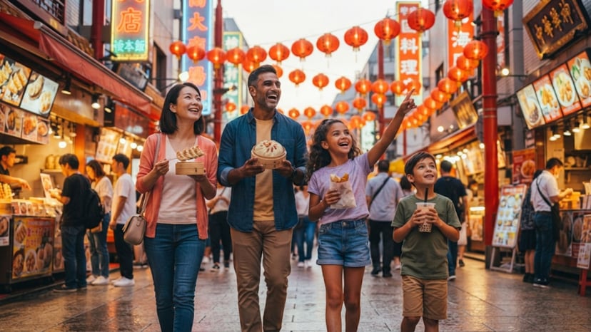 A happy family exploring the vibrant pedestrian streets of Chinatown.