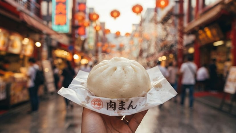A person holding a large, steaming Nikuman (pork bun) on a busy street.
