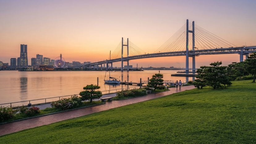 The peaceful waterfront view at Yamashita Park, a short walk from Chinatown.