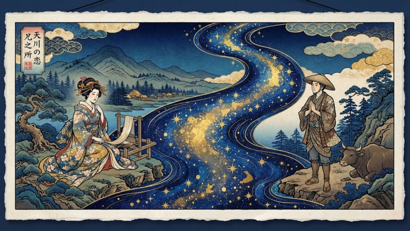 Orihime and Hikoboshi Japanese star festival illustration