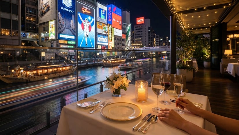 Riverside luxury dining overlooking Osaka at night