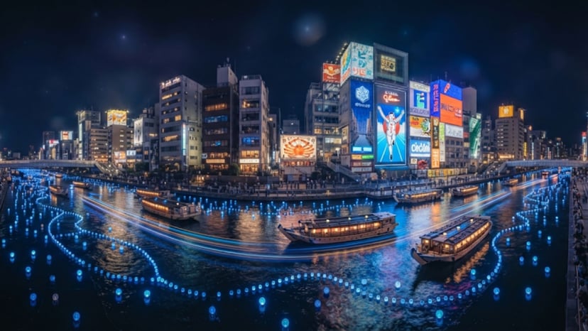 Panoramic view of Osaka cityscape with blue lights