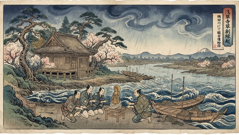 Vintage illustration of Senso-ji Temple history