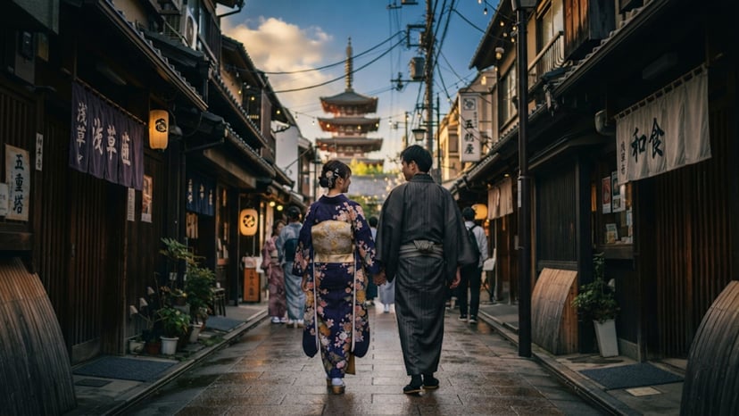 Travelers wearing kimonos in Asakusa