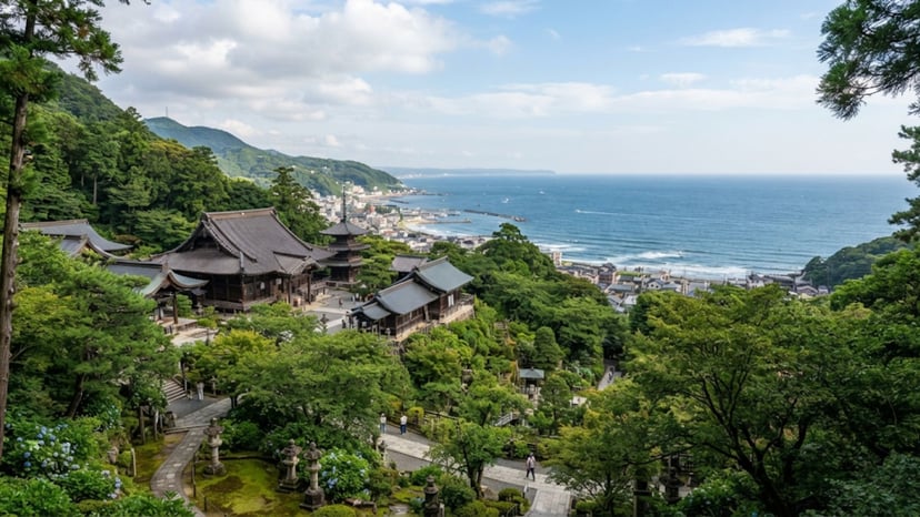 Panoramic view of Hasedera Temple grounds and Sagami Bay