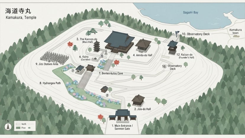 Map showing walking route to Hasedera Temple from Hase Station