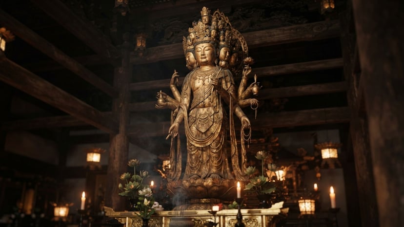 The famous golden Eleven-headed Kannon statue