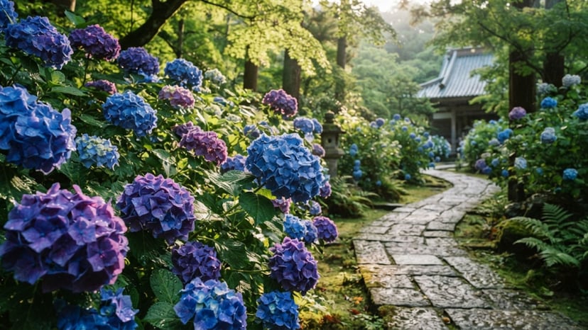 Vibrant hydrangea flowers blooming at Hasedera Temple