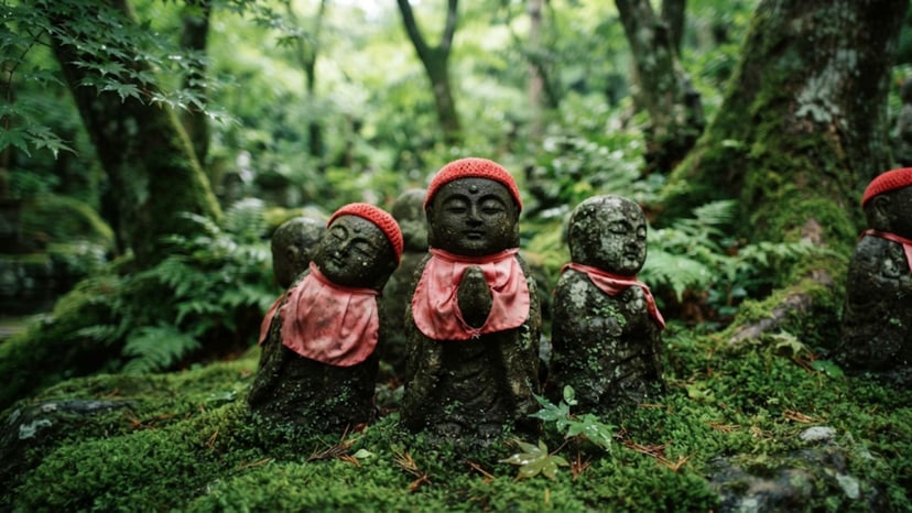 Small stone Jizo statues arranged in the temple gardens