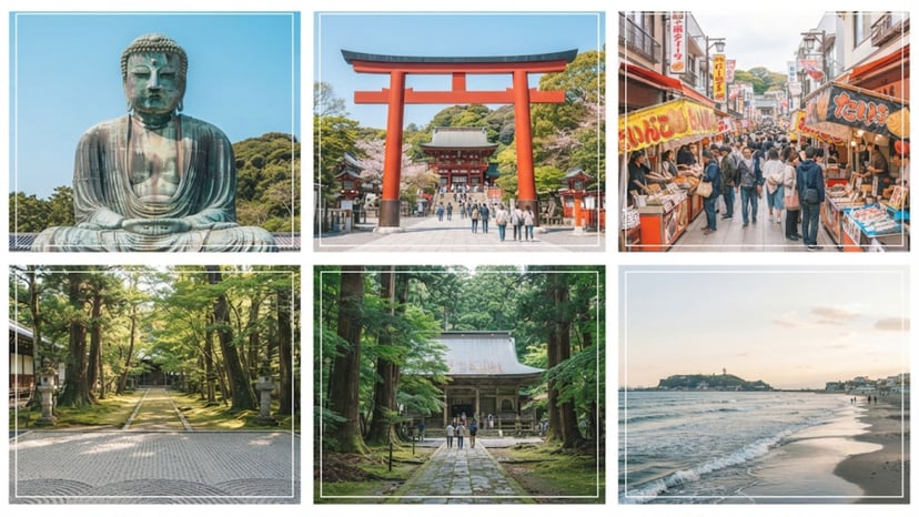 Collage of Kamakura landmarks including the Great Buddha, Tsurugaoka Hachimangu, and Komachi Street