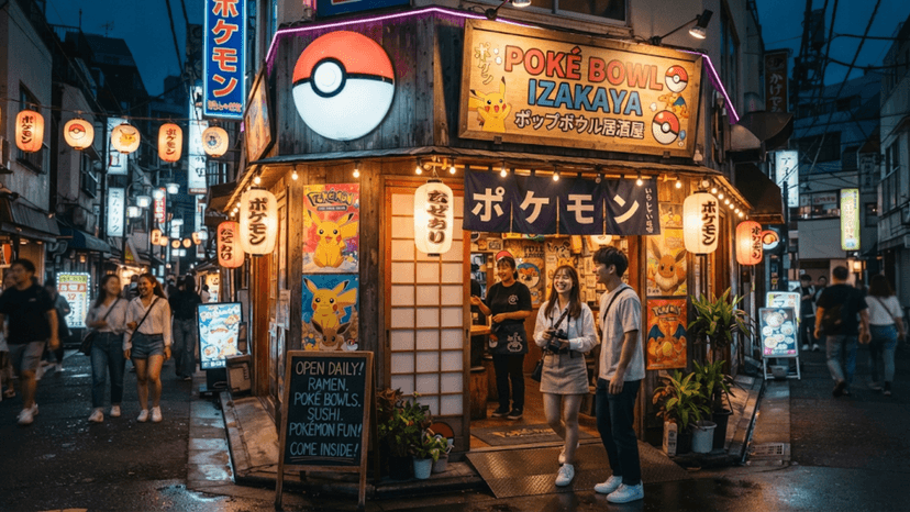 Vibrant entrance of Pokémon Cafe Tokyo in Nihonbashi