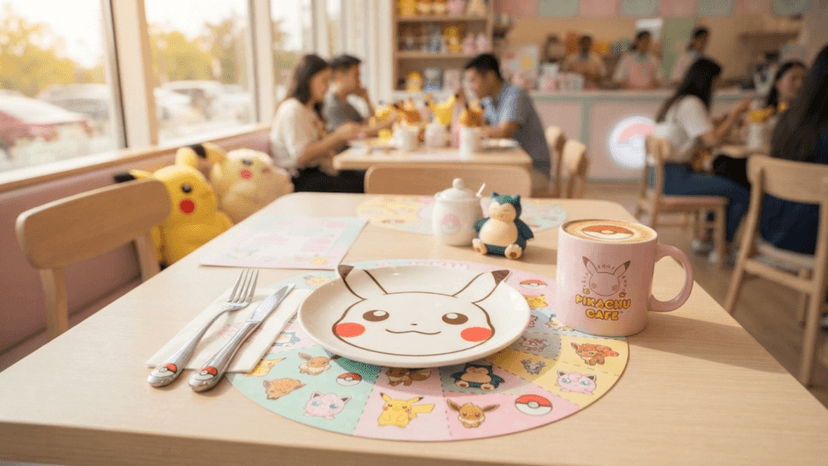 Character-themed table setting with plush toys