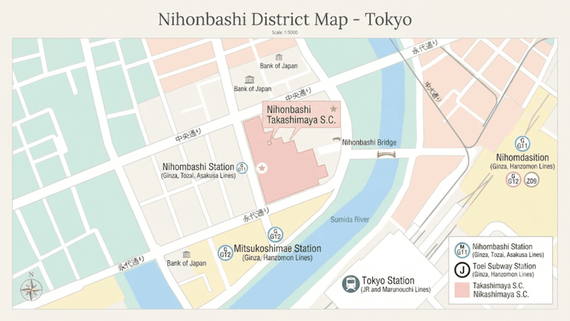 Map showing walking route from Nihonbashi Station to Pokémon Cafe Tokyo