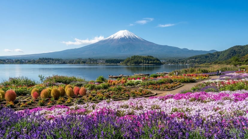Mount Fuji framed by seasonal flowers at Oishi Park