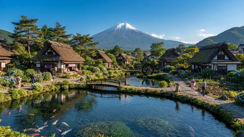 Traditional houses and ponds at Oshino Hakkai