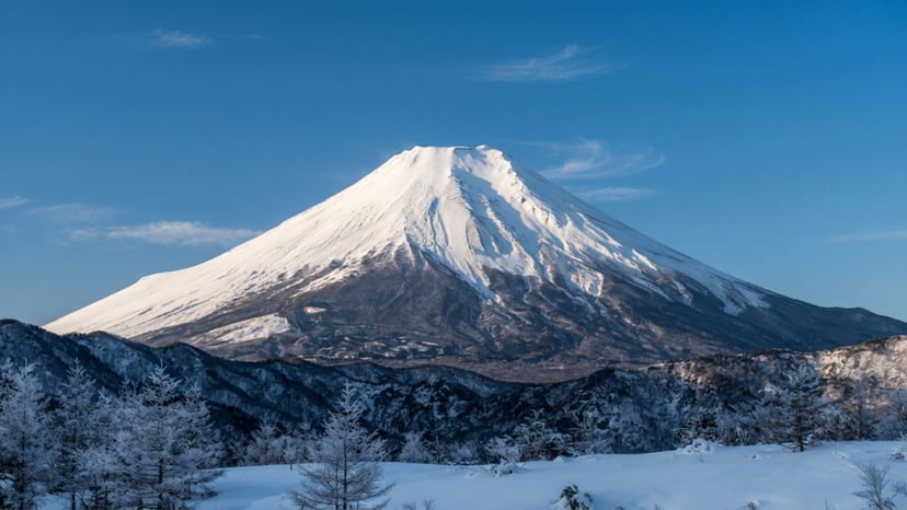 Mount Fuji peak with winter snow coverage