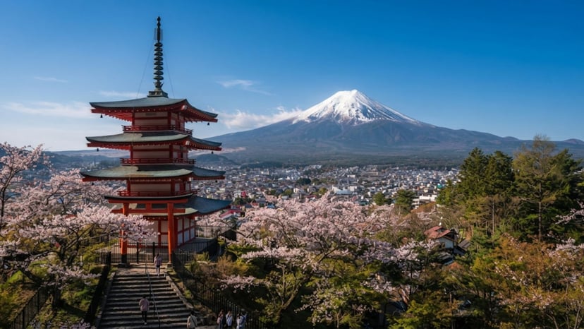 Iconic view of Chureito Pagoda and Mount Fuji
