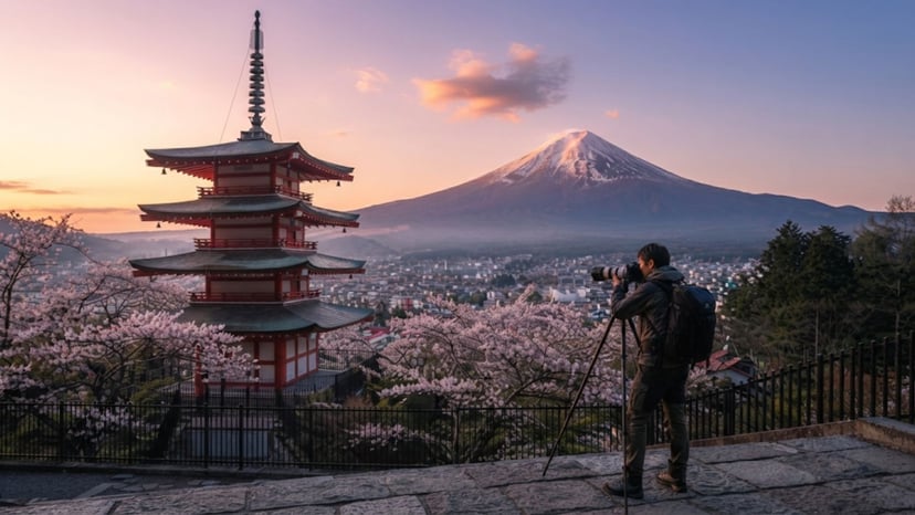 Photographer capturing dawn at Mount Fuji