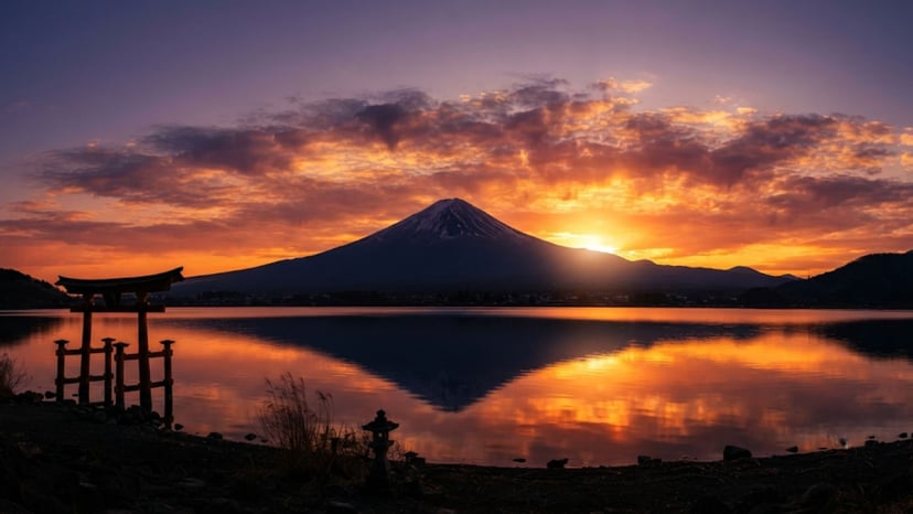 Breathtaking sunset silhouette of Mount Fuji