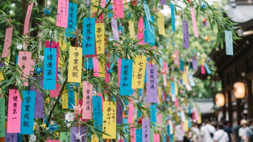 Colorful tanzaku wishes hanging on bamboo