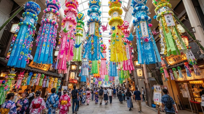 Giant handmade streamers in Sendai arcades
