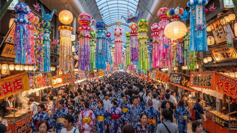 Crowded shopping street at Hiratsuka Tanabata