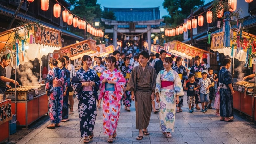 People walking in traditional summer yukata