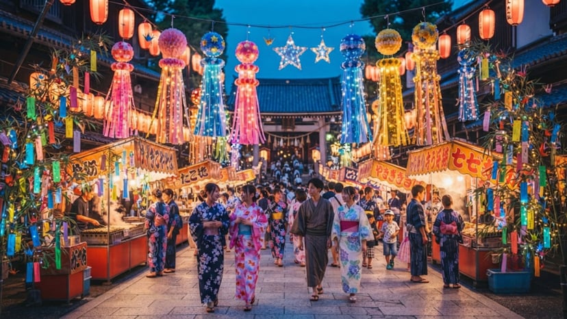 Glowing Tanabata decorations at twilight