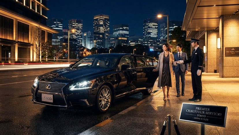 Luxury private chauffeur service at Roppongi Hills entrance