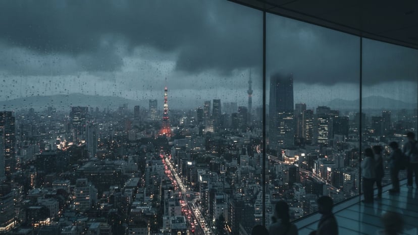 Cinematic rainy day view of Tokyo skyline from 52F