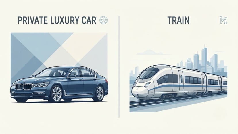 Infographic comparing private car transfers versus public train travel to Kawagoe.