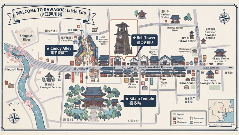 A simplified map showing the walking route through Kawagoe’s Old Town.