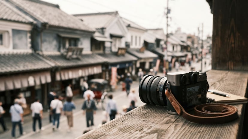 A photographer capturing the symmetry of the Edo-style warehouse district.