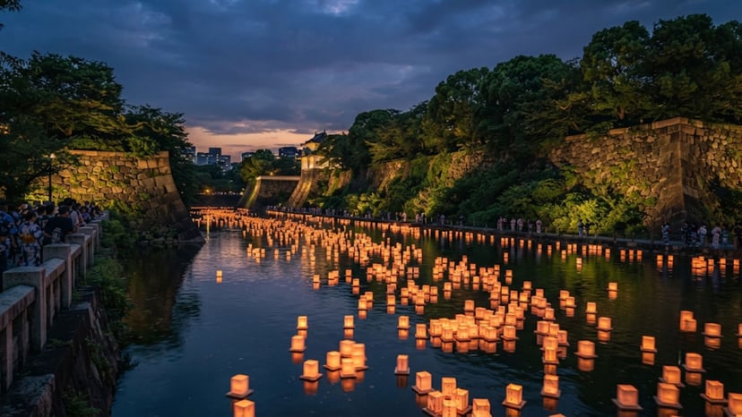 Glowing paper lanterns floating on the calm Chidorigafuchi Moat at dusk.