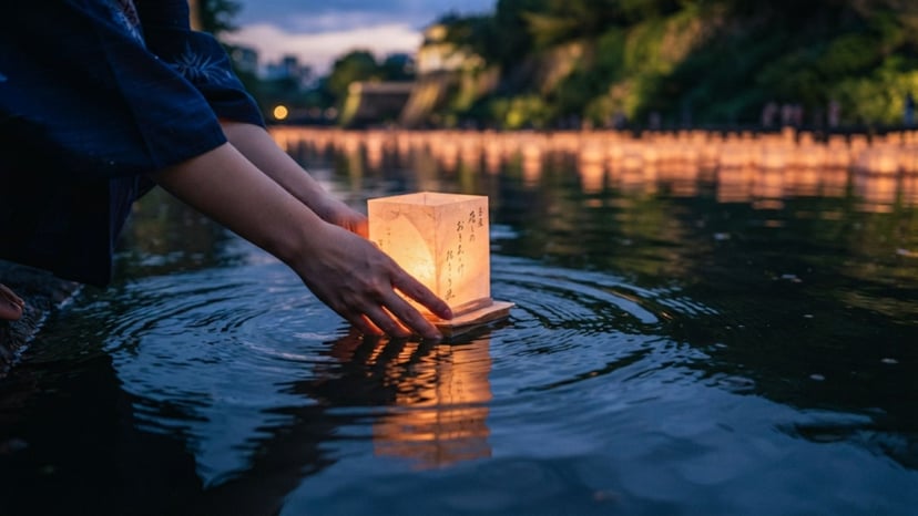 Close-up of a participant gently placing an illuminated lantern into the water.