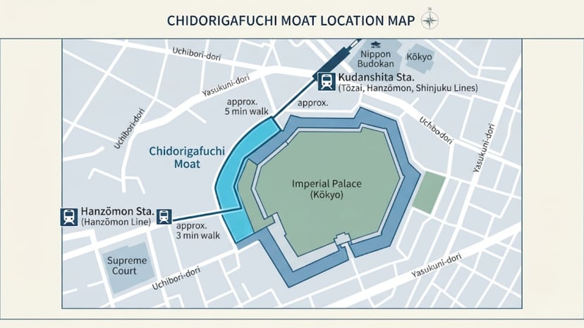 A stylized map showing Chidorigafuchi Moat and nearby subway stations.