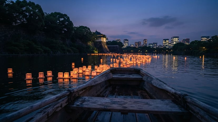 A wooden rowboat gliding through the moat surrounded by hundreds of floating lanterns.
