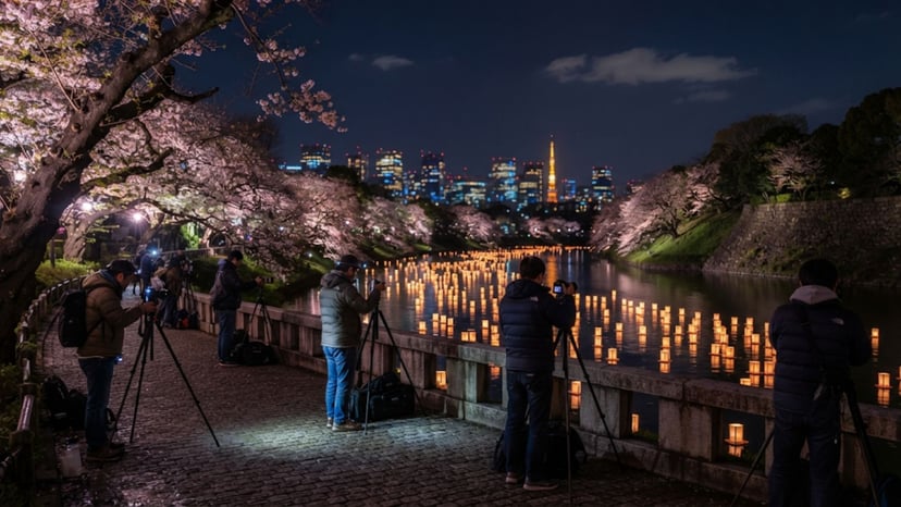 Photographers lining the Chidorigafuchi Green Way overlooking the lit-up moat.
