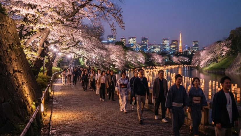 Visitors enjoying the calm atmosphere of the festival on the pathways.