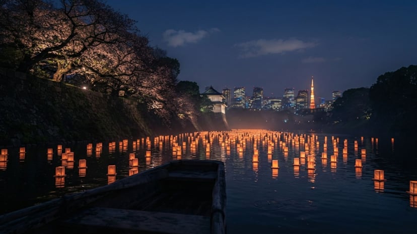 A final panoramic view of the floating lanterns under the Tokyo evening sky.