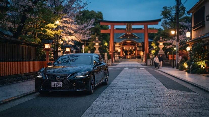 A private chauffeur-driven vehicle parked near a traditional Japanese shrine.