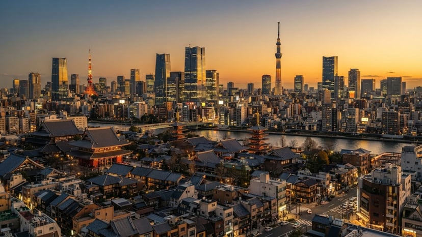 Panoramic view of Tokyo skyscrapers mixed with traditional rooftops.
