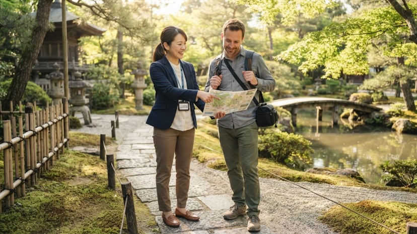 A professional guide pointing to a map for a traveler in a serene garden.