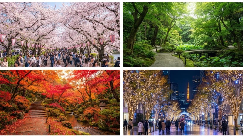 A collage showing four scenes: cherry blossoms, lush summer gardens, autumn leaves, and winter lights.