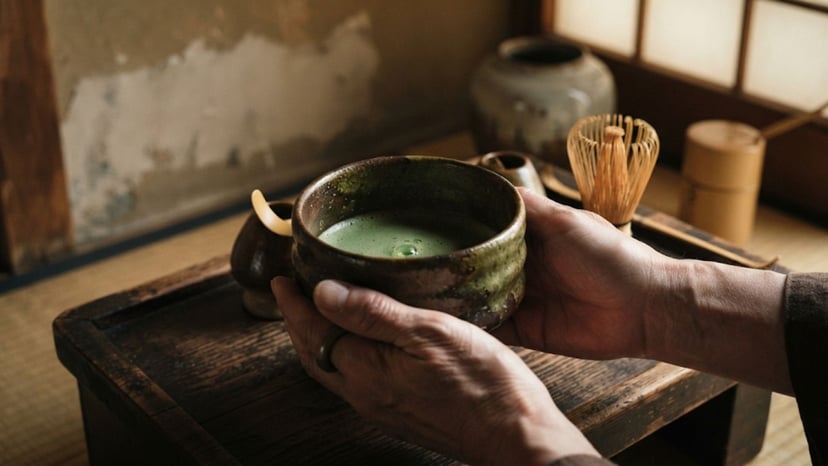 Hands holding a traditional Japanese matcha tea bowl.