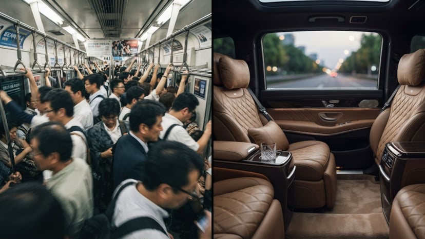 A split screen image comparing a crowded subway to a luxury interior of a private car.