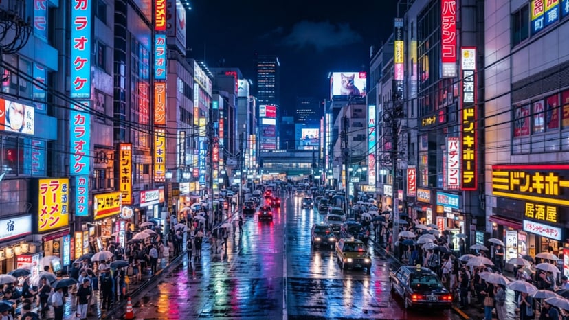 A glowing night view of Shinjuku's modern streets.