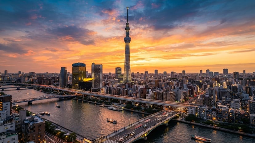 Tokyo Skytree towering over the skyline at sunset.