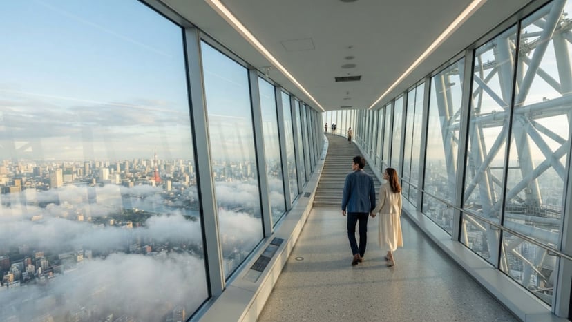 Immersive skywalk experience at Tokyo Skytree Galleria.