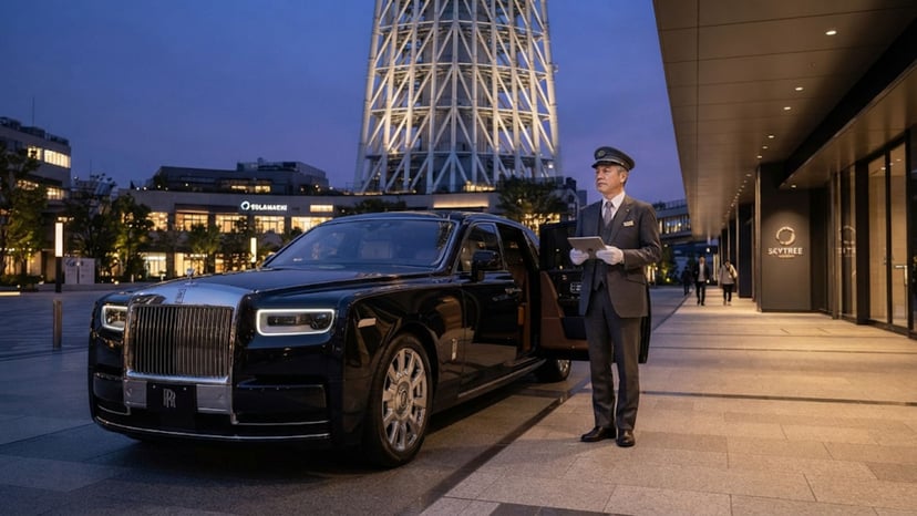 Private chauffeured tour car at Tokyo Skytree entrance.
